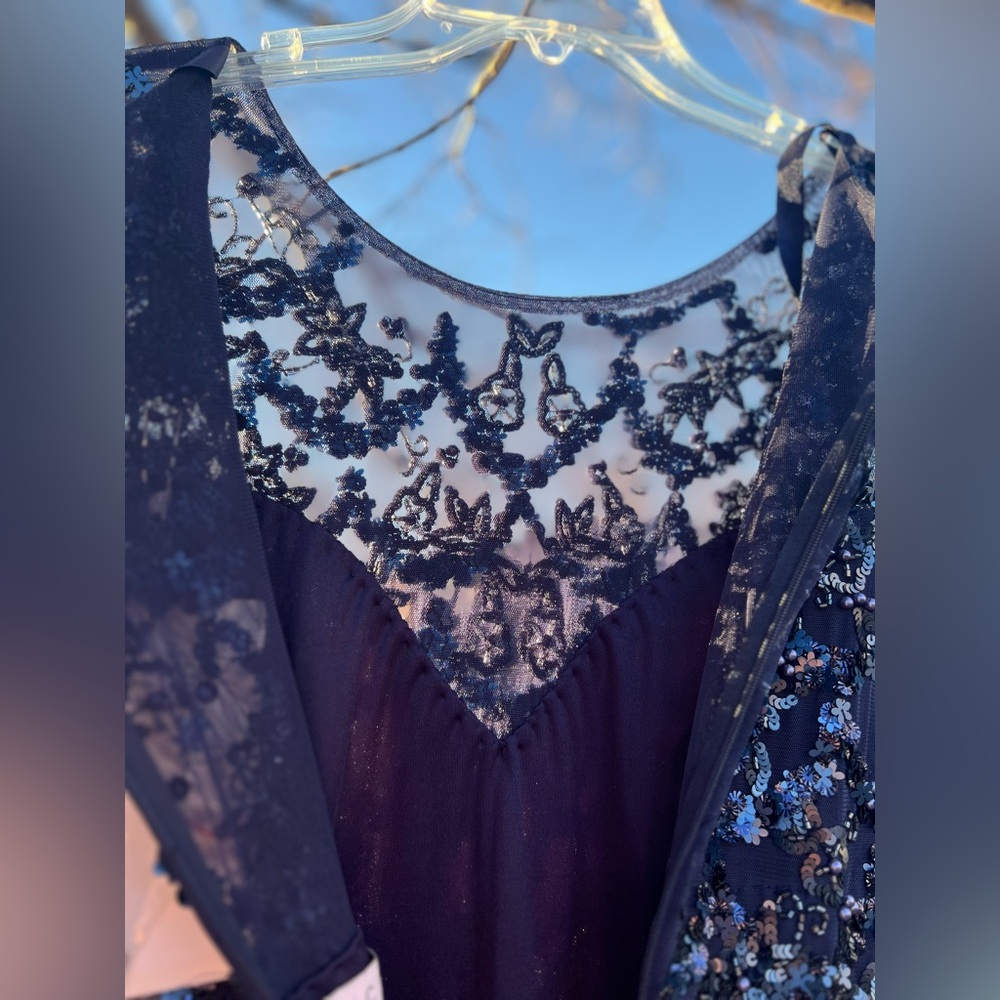 MAC DUGGAL Embellished Illusion High Neck Long Sleeve A Line Gown Navy blue - Picture 10 of 16